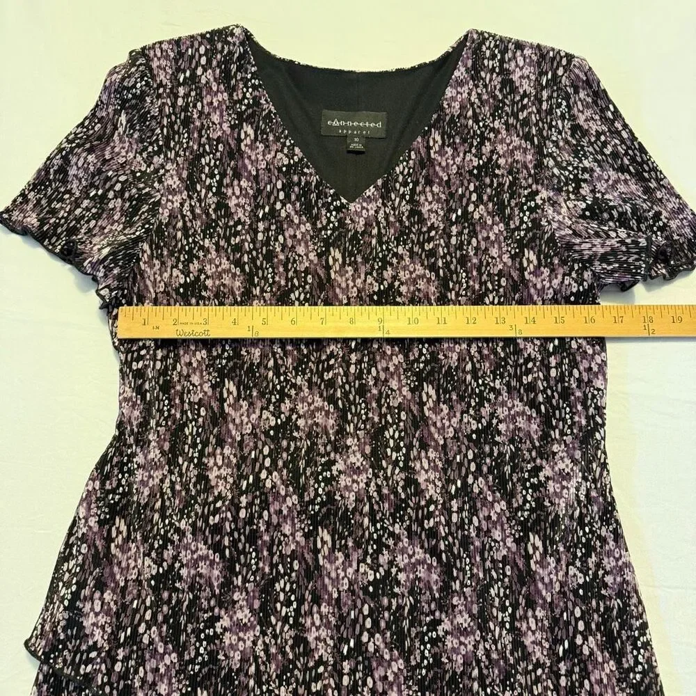 Connected Apparel Purple Abstract Tiered Dress | Pleated Midi | Size 10 NWT